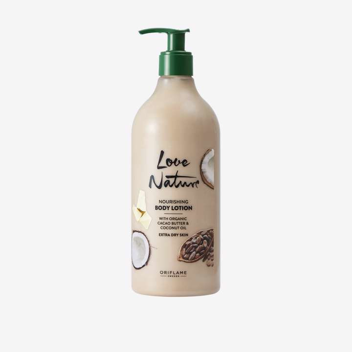 Povzbuzující tělové mléko s bio kakaovým máslem a kokosovým olejem Love Nature, 750ml